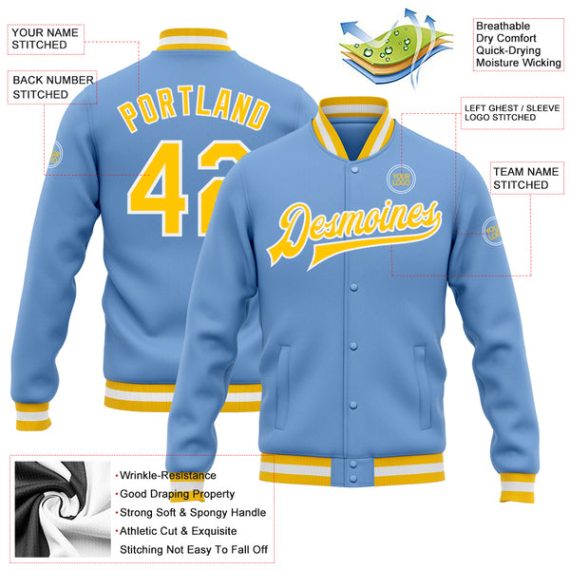 Custom Light Blue Gold-White Bomber Full-Snap Varsity Letterman Jacket