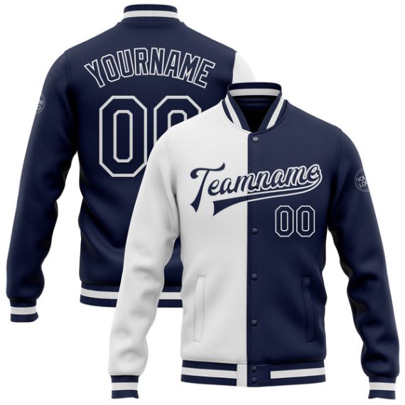 Custom White Navy Bomber Full-Snap Varsity Letterman Split Fashion Jacket