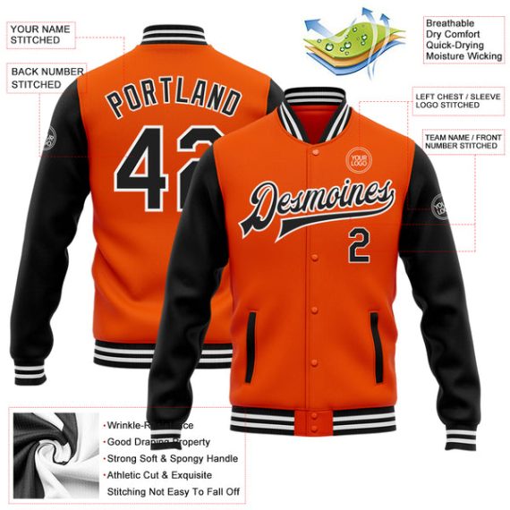 Custom Orange Black-White Bomber Full-Snap Varsity Letterman Two Tone Jacket