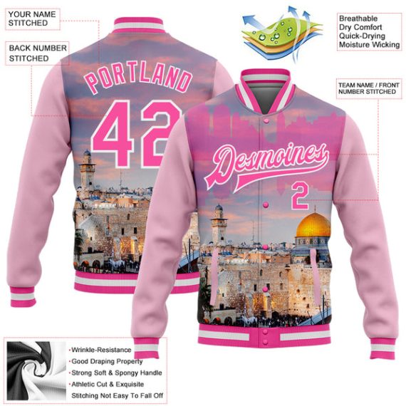 Custom Pink Light Pink-White The Dome Of The Rock Jerusalem Israel City Edition 3D Bomber Full-Snap Varsity Letterman Jacket