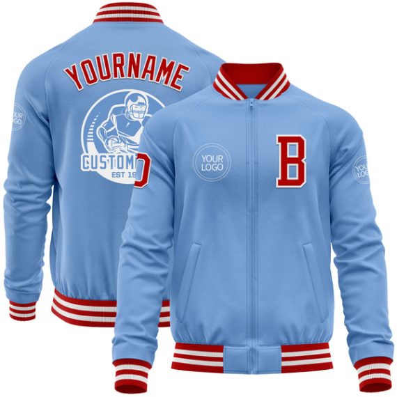 Custom Light Blue Red-White Bomber Varsity Letterman Zipper Jacket