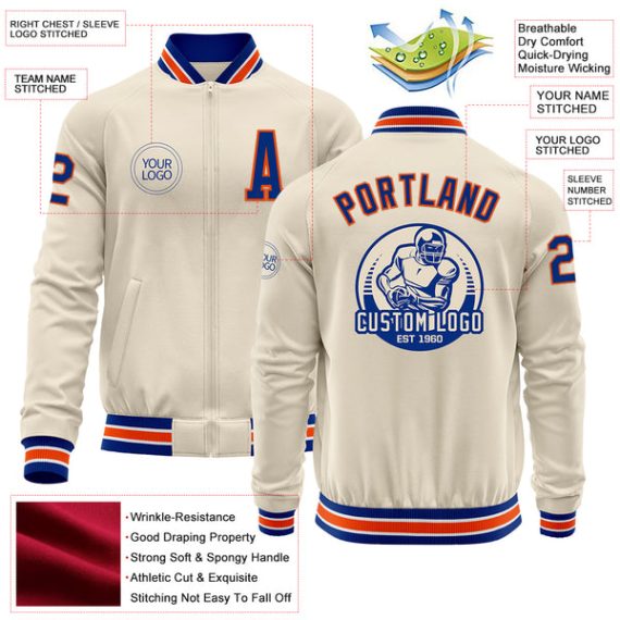 Custom Cream Royal Orange-White Bomber Varsity Letterman Zipper Jacket