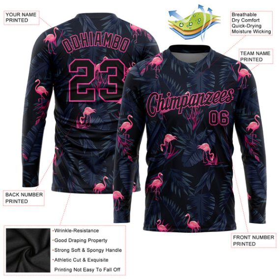 Custom Black Black-Pink Flamingo 3D Pattern Long Sleeve Performance T-Shirt